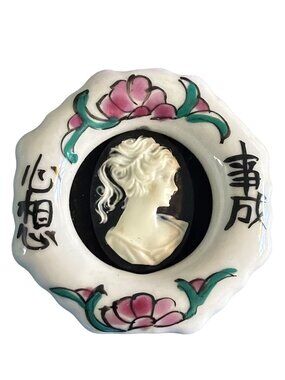 Vintage Porcelain Cameo Brooch Hand Painted Flowers Chinese Script Estate 2"